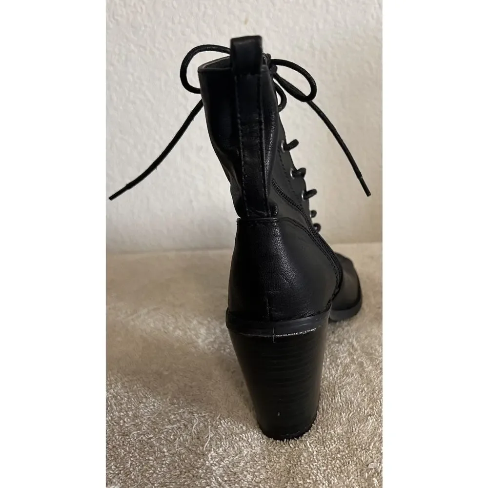 Breckelles Tina-15 SZ 8 Black Lace Up Boot Open Toe Block Heel Zip Faux Leather